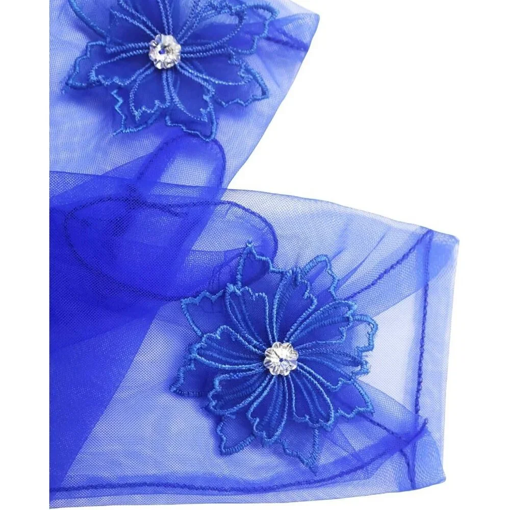 Women's Floral Royal Blue Diamond Flower Gloves Tulle Tea Opera Party Elegant